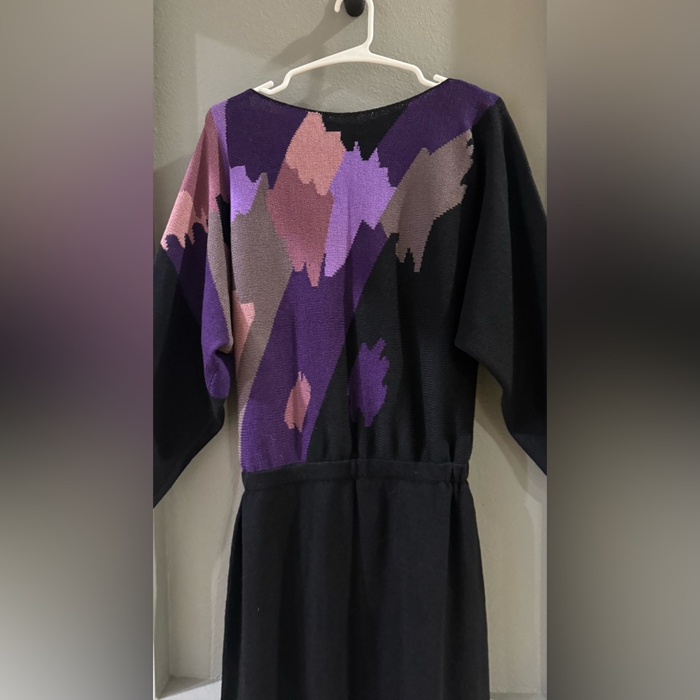 Adolfo Black Vintage 1970s Abstract Knit Midi Sweater Dress - Picture 3 of 6